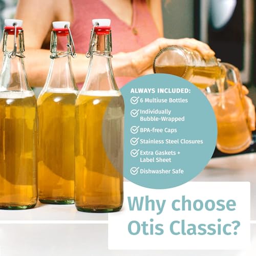 Otis Classic Clear Swing Top Glass Bottles, Plastic Caps, Set of 6, 16oz | Marker & Labels Included, Plastic Cap BPA Free, For Juice, Water, Kombucha, Wine, Beer Brewing, Kefir Milk, Eggnog - color: 1. Clear - Plastic Lids