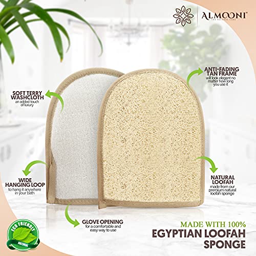 Almooni Egyptian Loofah Gloves for Women & Men, Real Natural Egyptian Loofah Mittens with Terry Cloth, Premium Exfoliating Mitt for Body Cleansing, 2-Pack
