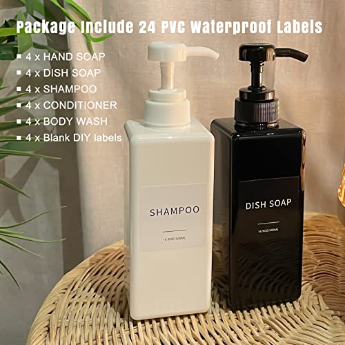 Soap Dispenser with Waterproof Labels, Thickened Plastic Hand Soap Dispenser for Bathroom, Kitchen Dish Washing Liquid Bottles, Shampoo and Conditioner Bottles with Funnel (16oz 4Pack Black Clear) - color: 2 Black + 2 Clear