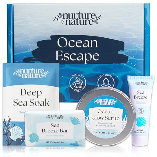 Nurture by Nature Bath Gift Set for Women - Birthday Gifts for Women, 4 Piece Spa Gift with Body Scrub, Bath Salts, Soap, Hand Cream, Self Care Gift for Mother’s Day, Gifts for Her, Gift for Mom