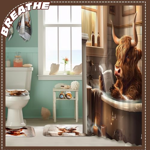 FuWeave 8 Pcs Highland Cattle Shower Curtain Sets for Bathroom Funny Highland Cattle Shower Curtain Sets with Rugs and Cow Towels, Include Non-Slip Rug, Toilet Lid Cover, Bath Mat and 12 Hooks - color: Highland Cattle