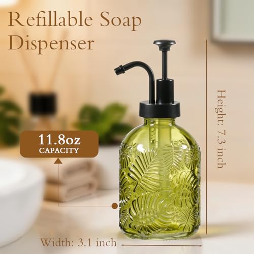 11.8Oz Vintage Glass Bathroom Soap Dispensers with Black Pump, Refillable Kitchen Dish Soap Dispenser with Embossed Leaf, Modern Farmhouse Hand Soap Liquid Bottle -2 Pack(Sage Green) - color: Sage Green/Black, size: 2Pack
