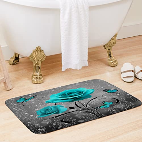 Teal Rose Shower Curtain Set Bathroom Rugs Flower Aqua Bath Mat Non-Slip Soft Toilet Lid Cover Absorbent Bath Rug Kitchen Floor Carpet 60x72 Inch - color: Teal