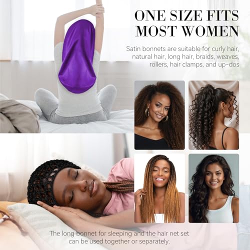 Braid Bonnet-Mesh Hair Nets for Sleeping Set Long Hair Bonnet Satin Reusable Elastic Mesh Wrap Cap for Curly, Braids Hair Anti Frizz 2 Piece Set (black net, dark purple bonnet) - color: Black Net, Dark Purple Bonnet