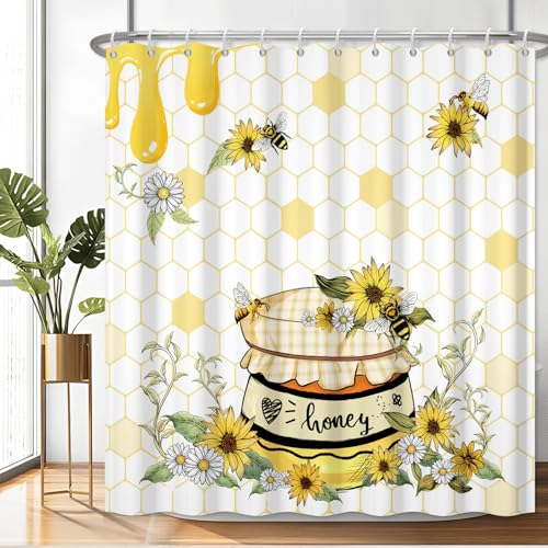 Fabric Shower Curtain with Hooks, Waterproof & Washable & Polyester, Spring Funny Bee Daisy Sunflower Floral Shower Curtains for Bathroom, Rusitc Farmhouse Bathroom Curtain, House Gift, 71x74 Inch - color: Bee Sunflower