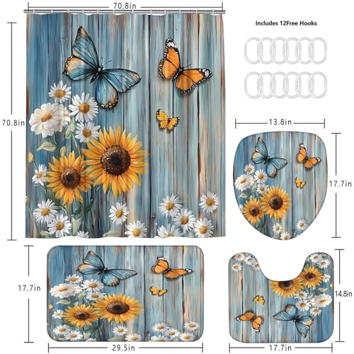 AZHM Rustic Flower Shower Curtain Set Sunflower and Daisy Floral Bathroom Set with Butterfly Accents with Shower Curtain and Bath Mat and 12 Hooks - color: Blue Yellow