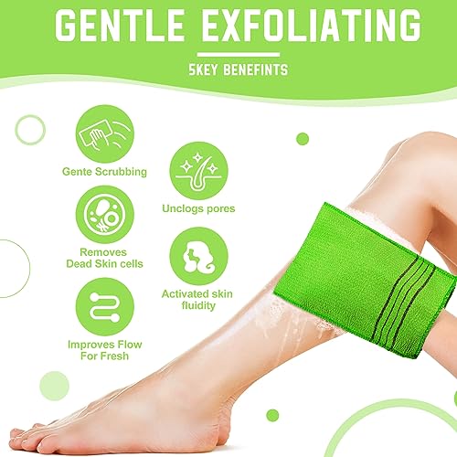 Hosuly 2 Pcs Korean Exfoliating Washcloth and Mitts Set Long Exfoliating Back Italy Towel Scrub Mitt Wash Cloth Scrubber for Women Men Shower Dead Skin Removing Dry Skin (Green) - style: Green