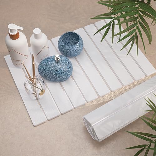 Diatomite Stone Bath Mat for Bathroom – Roll-Up & Foldable | 23.62" x 15.75" | Quick Drying & Super Absorbent | Long Diatomite Stone Drying Mat| Non-Slip | Durable | Off White - color: White