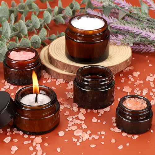 Accmor Glass Jars with Lids, 4 Pack 2 OZ Amber Makeup Sample Container with Inner Liners & Spatulas, Leak Proof Round Travel Cosmetic Storage for DIY Making Lotions, Creams, Body Scrub, Bath Salts - color: Amber, size: 2 Ounce