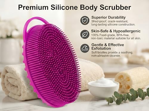 Silicone Body Scrubber, Exfoliating Loofah Alternative for Women Men, Soft Silicone Body Shower, 2 in 1 Bath and Shampoo Brush for Sensitive Skin, Back,Showering,Brush Exfoliator (Purple) - size: Purple