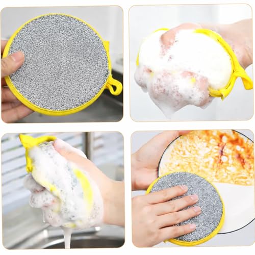 Kitchen Pro Dual Action Cleaning Set, 5 Microfiber Scouring Sponges with Yellow Trim, 2 Wire-Reinforced Dishwashing Gloves, Round Scrubbers for Dishes