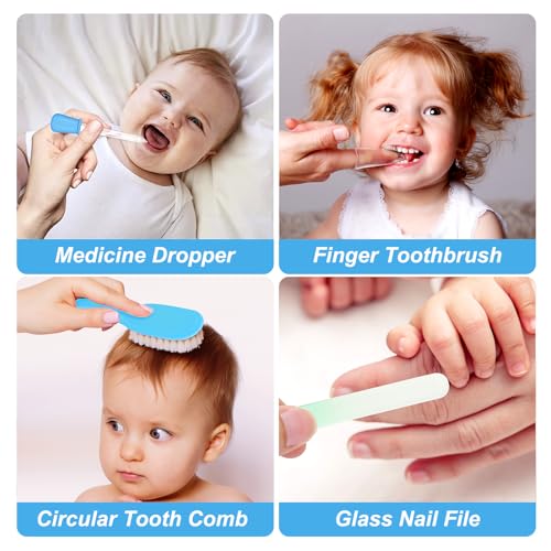 Baby Grooming Kit, Infant Safety Care Set with Hair Brush Comb Nail Clipper Nasal Aspirator,Baby Essentials Kit for Newborn Girls Boys - style: Blue Kit+Blue Brush