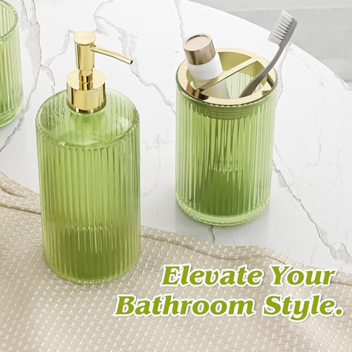 BSSN 5-Piece Green Glass Bathroom Accessories Set - Vintage Ribbed Thick Glass - Includes Soap Dispenser, Toothbrush Holder, Tumbler, 2 Q-tip Jars - Retro Bathroom Counter Organizer & Decor - color: Green, size: 5 Pieces