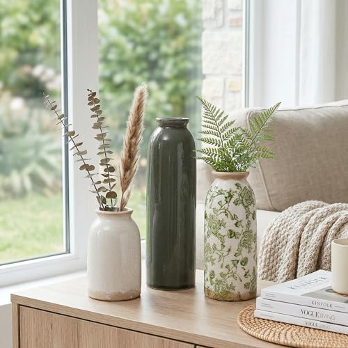 Vintage Ceramic Vase Set of 3, Flower Small Chinoiserie Vase Rustic Modern Farmhouse Centerpiece Decorative Pottery Vases for Table Mantel Entryway Bookshelf Living Room Kitchen Home Decor - color: Vintage- Green