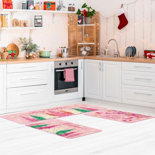 Drydiet 3 Pcs Christmas Kitchen Rug and Mat Set Washable Pink Xmas Tree Kitchen Floor Mats Waterproof Non Slip Farmhouse Merry Christmas Doormat Holiday Xmas Decor for Home Office Bathroom Party Decor - color: Pink, style: Christmas Tree