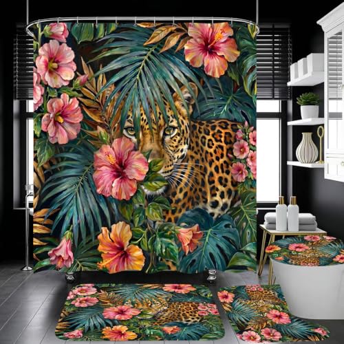 4 Piece Leopard Shower Curtain Set with Non-Slip Rugs, Tropical Jungle Pink Hibiscus Floral Bathroom Decor, Waterproof Fabric Bath Curtains with 12 Hooks - color: Blue Aurora