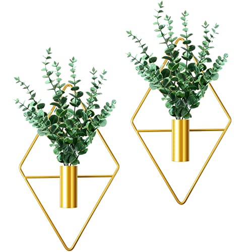 Canlierr 2 Pieces Gold Wall Decor Hanging Planters with Artificial Plants Metal Vase Indoor Plants Holder Modern Geometric Wall Art for Home Bathroom Bedroom Living Room Office(Eucalyptus,Medium) - color: Gold, size: Eucalyptus