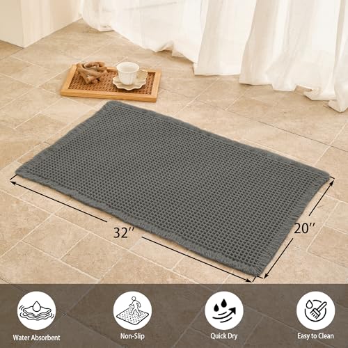 Waffle Bath Mat Non Slip, Boho Bathroom Rug, Super Absorbent Quick Dry Bathroom Mat, Soft Farmhouse Bath Rug with Tassels, Small Washable Shower Mats for Floor 20"x32", Dark Grey - color: Dark Grey, size: 1'8" x 2'8" (Rectangular)