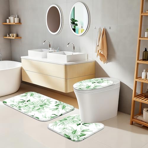 16 Pcs Sage Green Floral Shower Curtain Set with Rugs, Flower Bath Curtains and High Absorbent Non-Slip Mats, Thick 120GSM Fabric Curtain with 12 Metal Hooks (72x72 Inch) - color: Flower A-green
