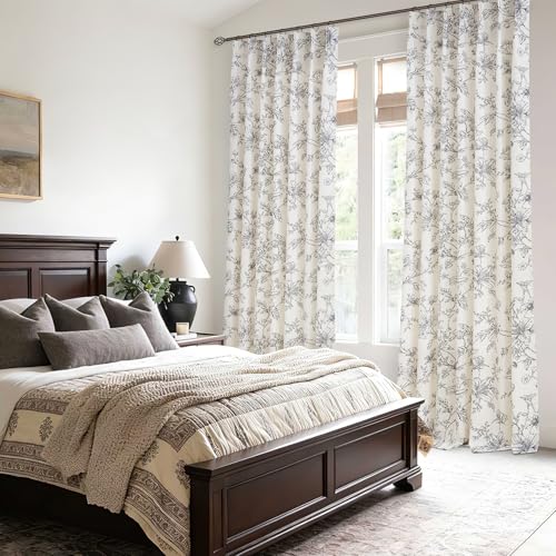 120 Inch Black Floral Linen Curtains 2 Panels Country Rustic Black and Beige White Light Filtering Lily Flower Printed Curtains Extra Long Semi Sheer Pinch Pleated Drapes for Living Room Bedroom - color: Black, size: 40"W x 120"L (Pack of 2)