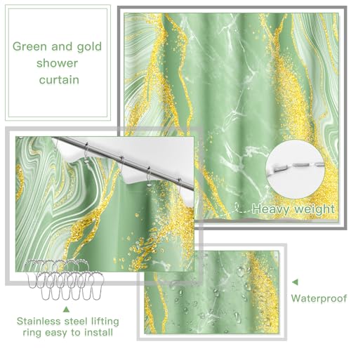 21PCS Bathroom Sets with Shower Curtain and Rugs Bathroom Accessories Set Dark Green Bathroom Set Complete with Trash Can, Toilet Brush, Qtip Holder & 3PCS Soap Dispenser - size: Bath Set+Marble Shower Curtain+Rugs, style: Dark Green