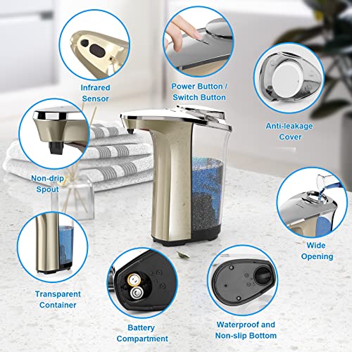 PZOTRUF Automatic Soap Dispenser, Touchless Dish Soap Dispenser 17oz/500ml with Infrared Sensor, 5 Adjustable Soap Dispensing Levels, Liquid Hand Dispenser for Bathroom Kitchen Sink(Champagne Gold) - color: Champagne Gold
