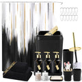 32PCS Bathroom Accessory Set Black Bathroom Accessories Bathroom Set, Shower Curtain Set, 2 Piece Bath Towel Set, 3PC Soap Dispenser, Toilet Brush & Trash Can - size: Bath Set+Oil Paint Shower Curtain+Towel Set, style: Black