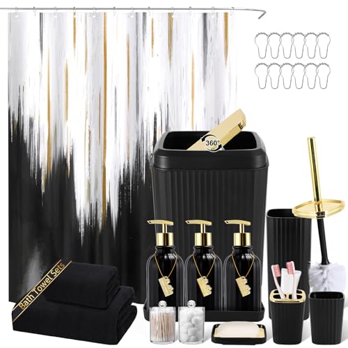 32PCS Bathroom Accessory Set Black Bathroom Accessories Bathroom Set, Shower Curtain Set, 2 Piece Bath Towel Set, 3PC Soap Dispenser, Toilet Brush & Trash Can - size: Bath Set+Oil Paint Shower Curtain+Towel Set, style: Black
