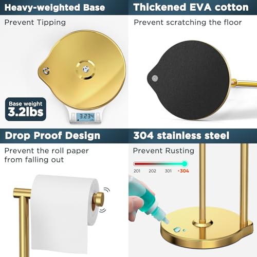 theaoo Heavy-Duty Toilet Paper Holder Stand – Modern Freestanding Bathroom Toilet Tissue Paper Roll Holder with Reserve & Storage, Stainless Steel (Brushed Gold, Free Standing) - color: Brushed Gold