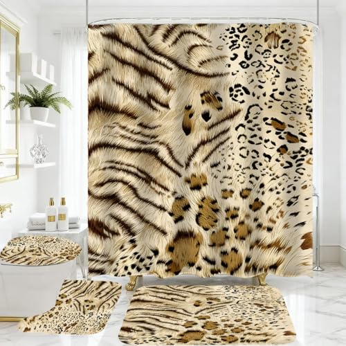 4 Piece Tiger and Leopard Print Shower Curtain Set with Rugs, Exotic Animal Skin Texture Art, Luxury Safari Aesthetic Bathroom Decor, Waterproof Fabric with Non-Slip Mats & Toilet Lid Cover - color: Beige