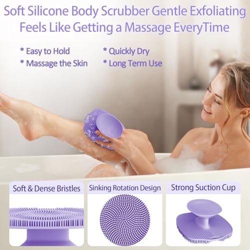 Soft Silicone Body Scrubber, Gentle Like a Hand Exfoliating Your Skin and Build Up Lather Easily, Back Large Suction Cup Easy to Store, Long-Lasting & Deep Clean (Purple) - color: Purple