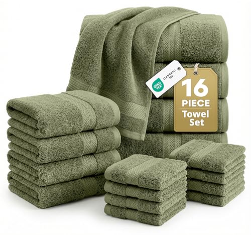 LANE LINEN Luxury Cotton Bath Towel Pack of 16 - Softer, Highly Absorbent & Durable - 4 Bath, 8 Wash cloths, 4 Hand Towels for Bathroom - Premium Look, Spa Quality, Solid Dyed Towels - Oil Green - color: 15: Oil Green