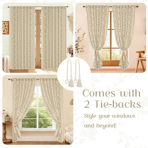 Yinhua Boho Curtains for Living Room 84 Inch Length Vintage Linen Natural Curtains for Bedroom Light Filtering Floral Window Curtain Rod Pocket & Back Tabs Farmhouse Rustic Tassel Drapes with Tiebacks - color: Natural, size: 52"W x 84"L (Pack of 2)