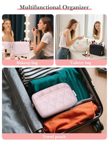 Noozion Makeup Bag Travel Toiletry Bag, Puffy Padded Cosmetic Bag for Women, Makeup Organizer Case, Wide-open Pouch Purse, Travel Essentials - color: Pink