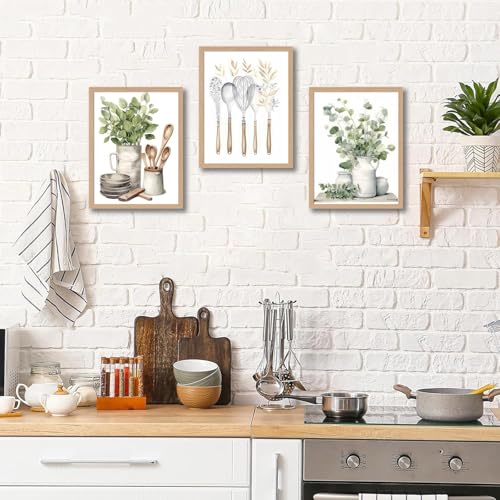 OBXXKZ 3 Pcs Boho Farmhouse Kitchen Wall Art Sage Green Pictures Botanical Paintings Farmhouse Artwork Eucalyptus Nature Art Prints for Dining Room 16"x24" Ready to Hang - color: Kitchen tableware, size: 16x24 inches