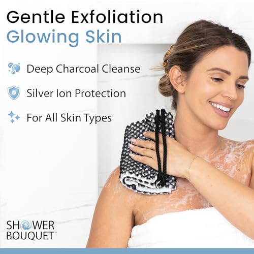 Japanese Exfoliating Washcloth for Back & Body - Charcoal & Silver Ion Exfoliating Towel with Handles - Two-Sided Gentle Exfoliation & Deep Cleansing Soft Body Wash Cloths for Shower - White - color: Charcoal White, size: 1 Count (Pack of 1)