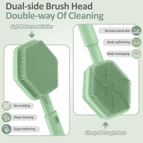 Silicone Back Scrubber for Shower, 16''-21''Extendable Shower Back Scrubber with Dual-Side Large Brush Head, 3-Length Back Brush Bath Brush with Strong Handle & Rich Foaming Bristles(Green) - color: Green