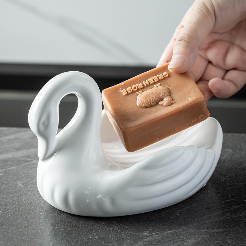 Draining Soap Dish, Elegant Swan Shape, Fluted Design, Cute Ceramic Tray(White) - color: White