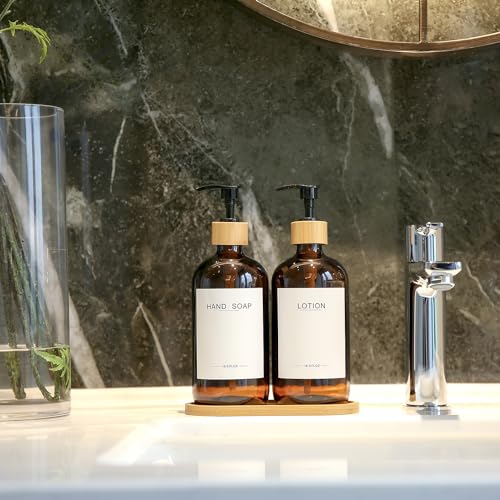 Amber Glass Soap Dispenser with Bamboo Pumps&Tray&Labels, Hand Dispenser, Lotion Dispenser, Dish Soap Dispenser for Kitchen Sink. (Amber) - color: Amber