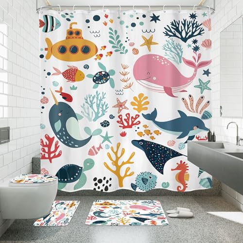 4 PCS Kids Shower Curtain Set 72Wx72H Kid Toddler Bathroom Set Summer Ocean Fish Cute Whale Funny Underwater Bath Rug Toilet Lid Cover U Shape Mat Accessories 12 Hooks Bathroom Decors - color: A 01ocean, size: 72"W x 72"L (Pack of 4)
