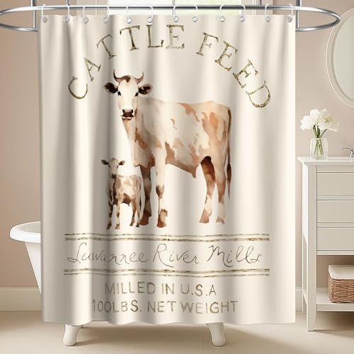 Farmhouse Abstract Animal Cattle Feed Cow Rustic Theme Fabric Shower Curtain Sets Bathroom Decor with Hooks Waterproof Washable 72 x 84 inches Ivory White - size: 72"W x 84"L (Pack of 1)
