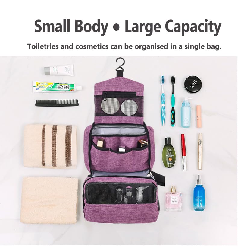 Hanging Toiletry Bag, Purple, Women or Man | Wash Bag, Makeup Cosmetic Organizer, Foldable Compact Size, Super Durable Fabric - color: Purple