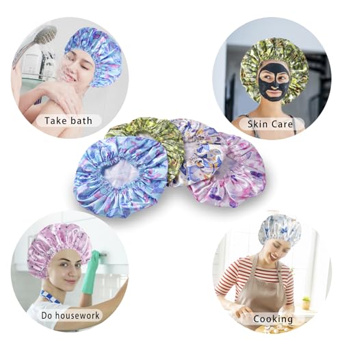 4 PCS Shower Cap for Women, Elastic and Reusable Bath Caps, Double Layers Shower Caps Reusable Waterproof, Bathing Shower Caps, Environmental Bath Hair Protection Cap - Butterfly C - color: Butterfly C