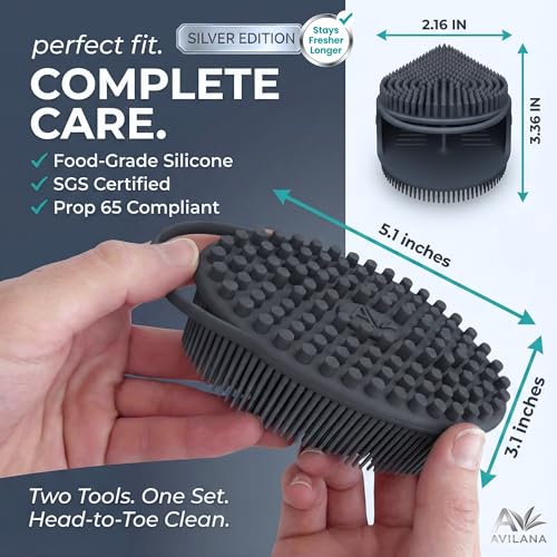 Avilana Silicone Body Scrubber for Shower – SGS Certified Food Grade Dual Sided Bath Brush, Gentle Exfoliating Silicone Loofah Alternative, Sensitive Skin Body Brush (Dark Gray-Silver, Body & Face) - color: Dark Gray-silver, size: Body & Face