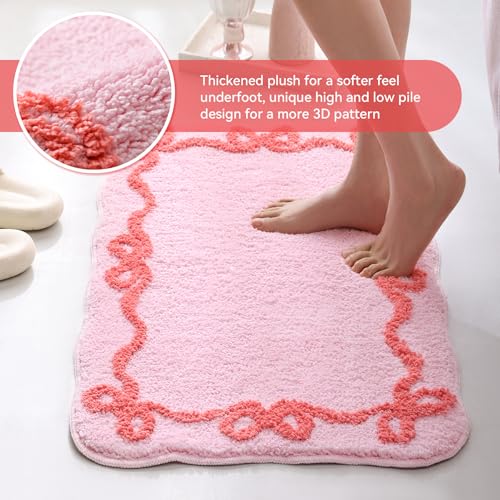 TRUEDAYS Pink Bow Bathroom Rugs - Cute Bow Bath Mat Small Non Slip Bath Mat, Super Soft & Absorbent Bath Rugs for Bathroom Decor, Tub, Vanity Floor - color: Pink Scalloped Bow