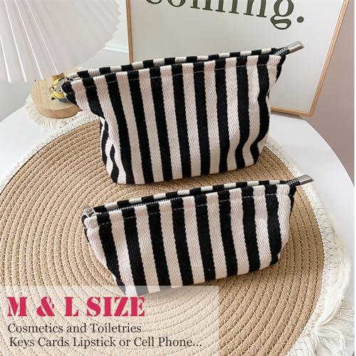 HAPPYHEIDI Large Stripe Makeup Bag Cosmetic Toiletry Travel Pouch, Purse Organizer, Canvas Lined, Black White, Large - color: Classic Black White Stripes Large