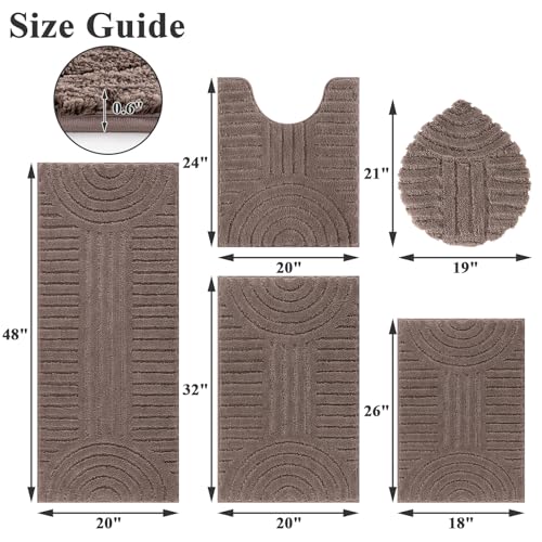 SHACOS Bathroom Rugs Sets 5 Piece Ultra Soft Absorbent Microfiber | Bath Mat with Bath Runner, U Shape Contour Rug, Toilet Lid Cover, Non Slip Machine Washable Carpet for Bedroom, Coffee - color: Coffee