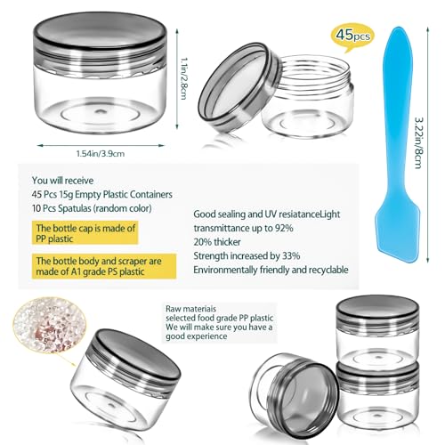 45 Pack 15g Plastic Jars with Lids, 15ml Round Clear Cosmetic Containers Makeup Jars, 0.5oz Travel Size Container Jar with Spatulas for Makeup Sample Lotion Cream Ointment Salve Balm Powder - color: Black, size: 15g