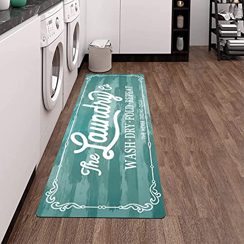 Pauwer Laundry Room Rug Runner 20"x48" Waterproof Rubber Laundry Mat Non Slip Kitchen Mats for Floor Washable Floor Mat Runner Rug for Farmhouse Mudroom Washroom Bathroom Decor - color: Blue, size: 1'8" x 4'
