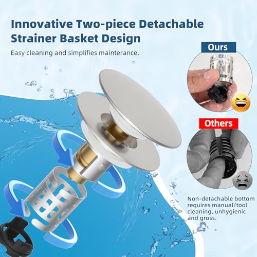 Hibbent Upgraded 3 in 1 Bathroom Sink Drain Strainer, Pop Up Sink Stopper with Big Push Cap, Anti-Clogging Metal Filter Basket,Sink Plug with Hair Catcher for 1.1''~2.36'' Basin, Brushed Nickel - color: Brushed Nickel